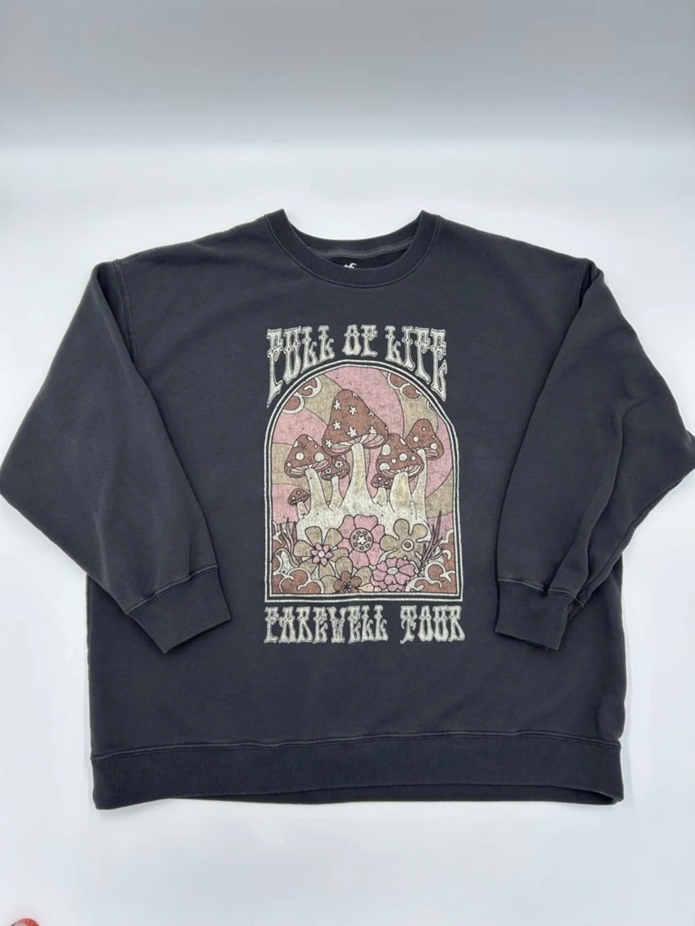 Hollister Black Crewneck Sweater with Pink & Cream Mushroom Graphic XL